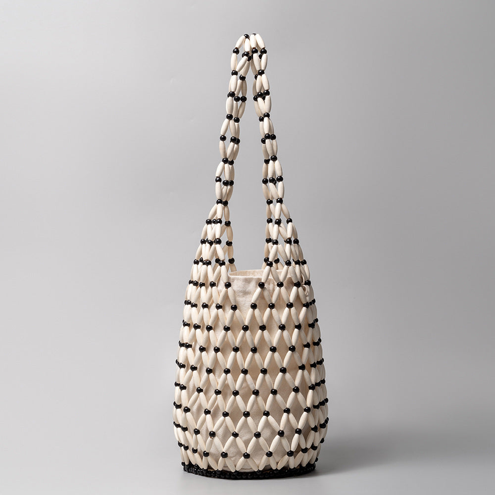Hand-Woven Wood Bead Cylinder Bucket Bag Drawstring S5P383