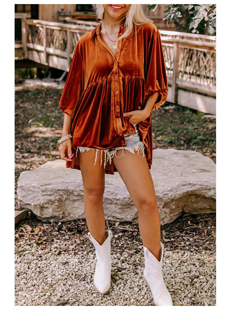 Velvet Single Breasted Mid Length Blouse Women N6B075