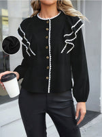 Load image into Gallery viewer, Black Puff Sleeve Lace Trim Blouse Women N6C261
