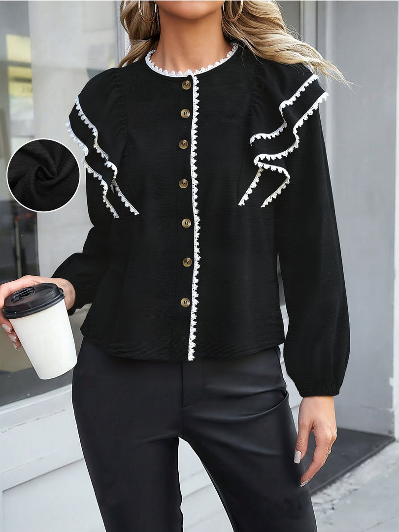 Black Puff Sleeve Lace Trim Blouse Women N6C261