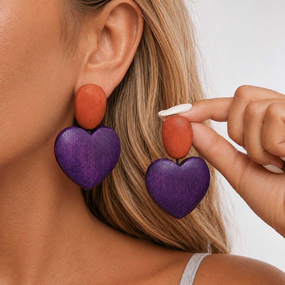 Womens Vintage Wooden Heart Stud Earrings N6K159