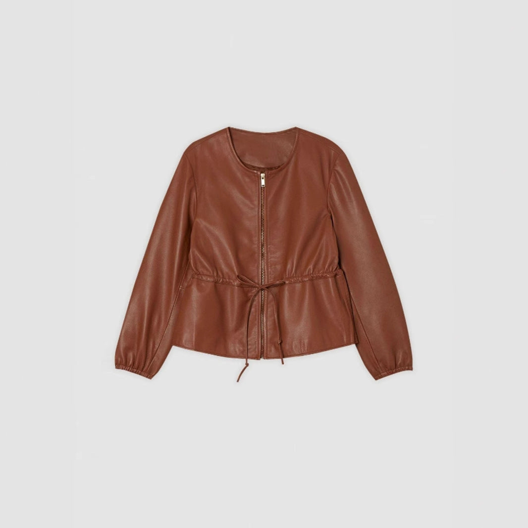 PU Drawstring Crop Coat Pleated Mid Weight Brown N5Z572