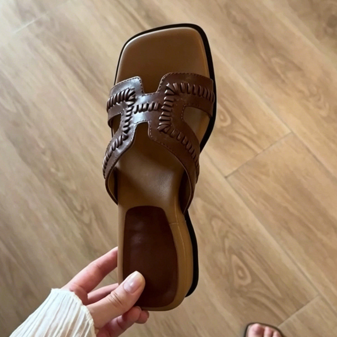 Vintage Woven Slide Sandals Square Toe Platform Women N6G249