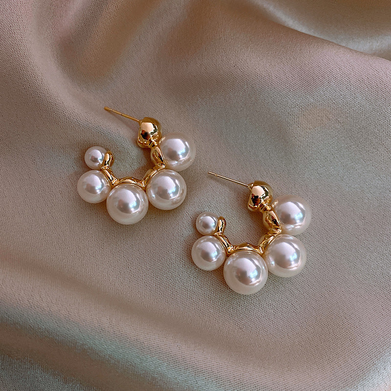 C-Shaped 5 Faux Pearl Stud Earrings Women Vintage N6H163
