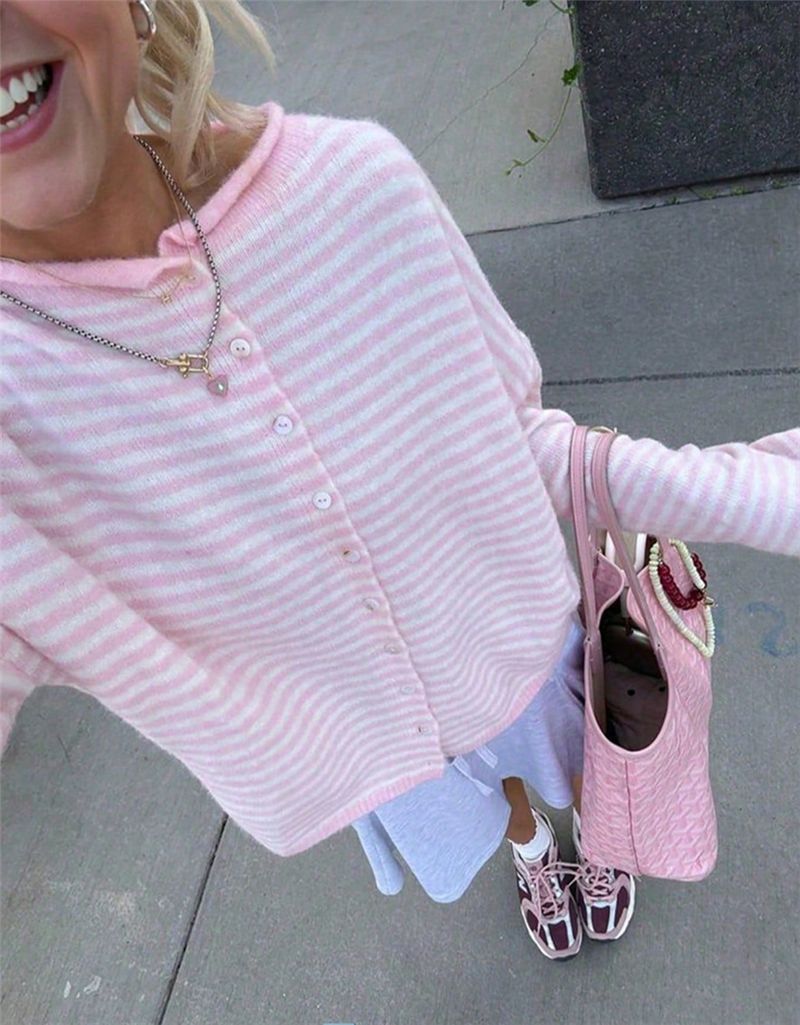 Street Style Striped Knit Cardigan Long Sleeve Women N6G286