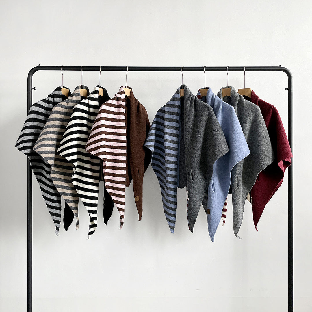 Triangle Wool Blend Shawl Cape Stripe Patchwork N6H308