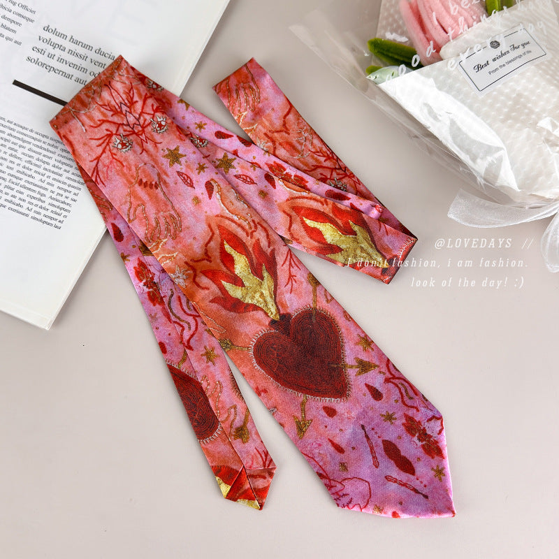 Pink Flame Heart Print Satin Tie Scarf Vintage Art N6G234