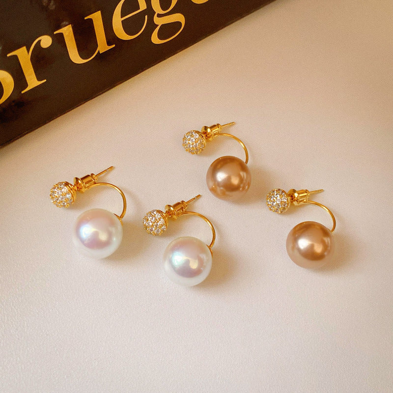 2-in-1 Zircon Faux Pearl Stud Earrings Real Gold Plated N6H156
