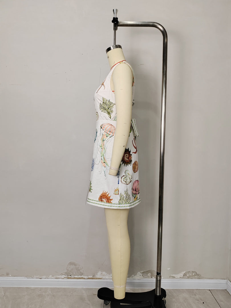 Backless Print Spaghetti Strap Mini Dress Women N6F087