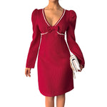Load image into Gallery viewer, Deep V Neck Puffed Dress Pearl Accent High Waist Red N5Z469
