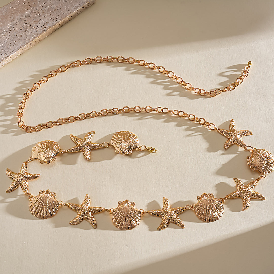 Pleated Metal Starfish Shell Waist Chain Necklace N6H136