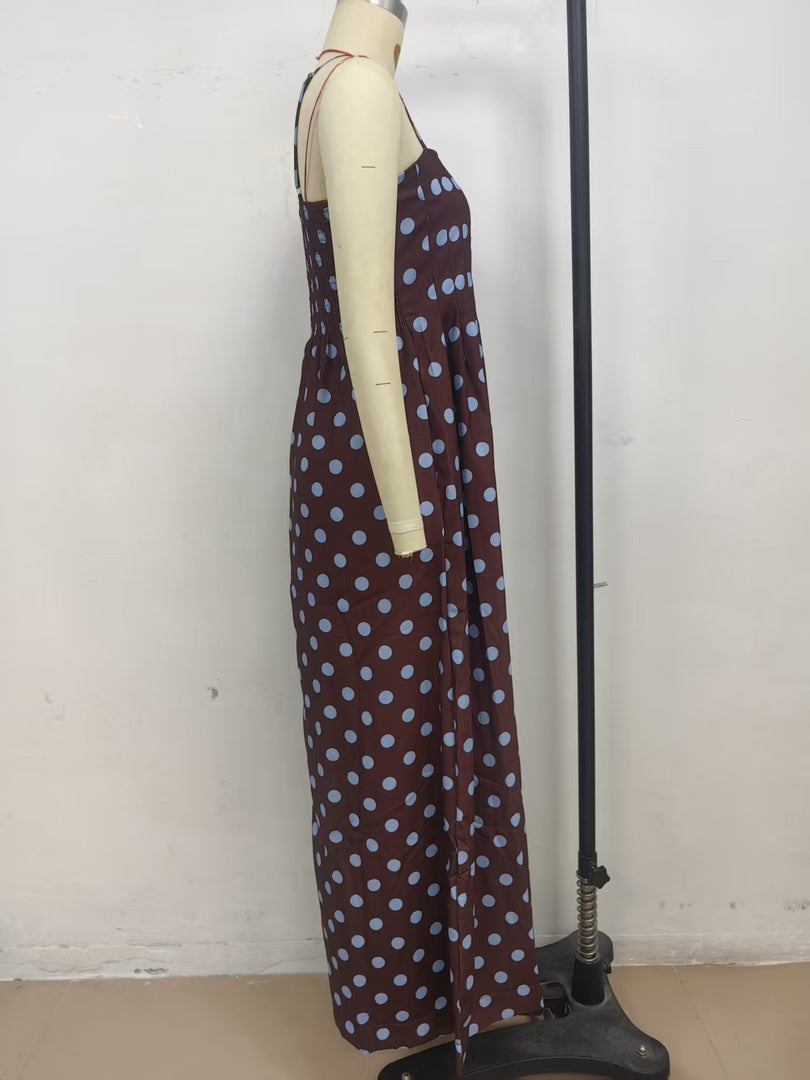 Polka Dot Pleated Midi Dress Sweet Spaghetti Strap N6F030