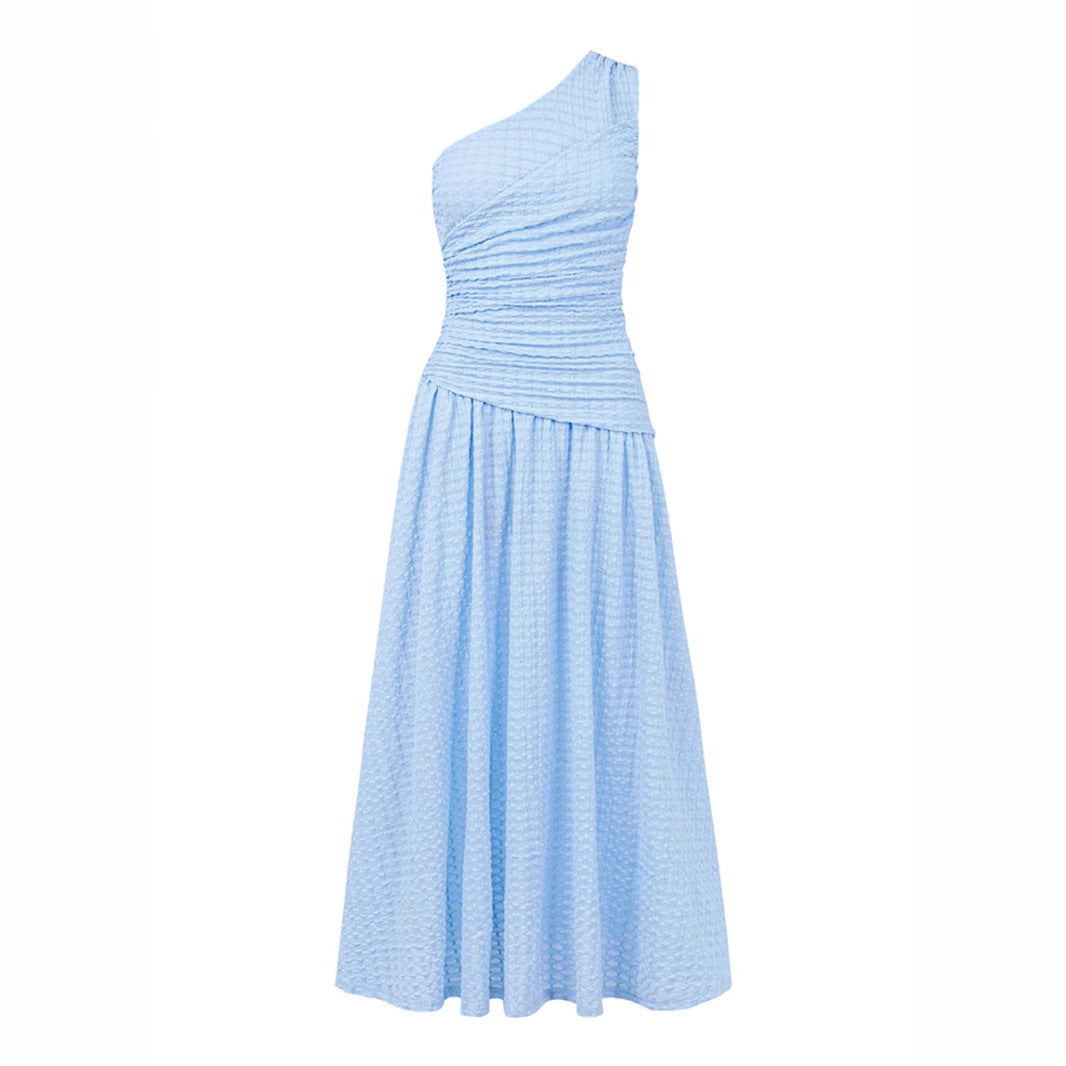 One Shoulder Bodycon Slit Midi Dress Women Blue N6D100