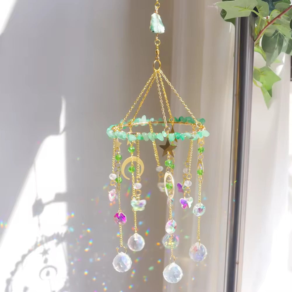 Raw Crystal Rotating Wind Chime Star Moon Sun Catcher N6F292