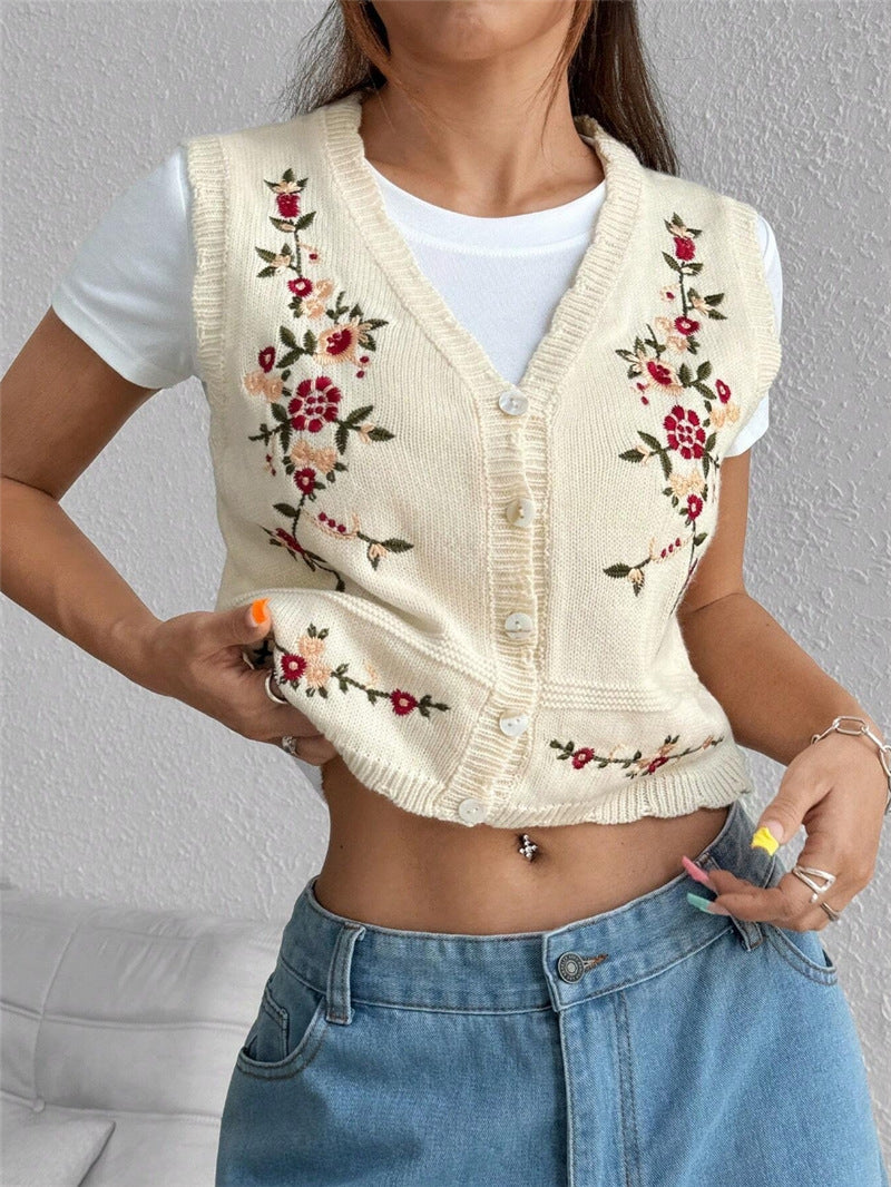 Embroidered Knit Vest Cardigan Women N6C321