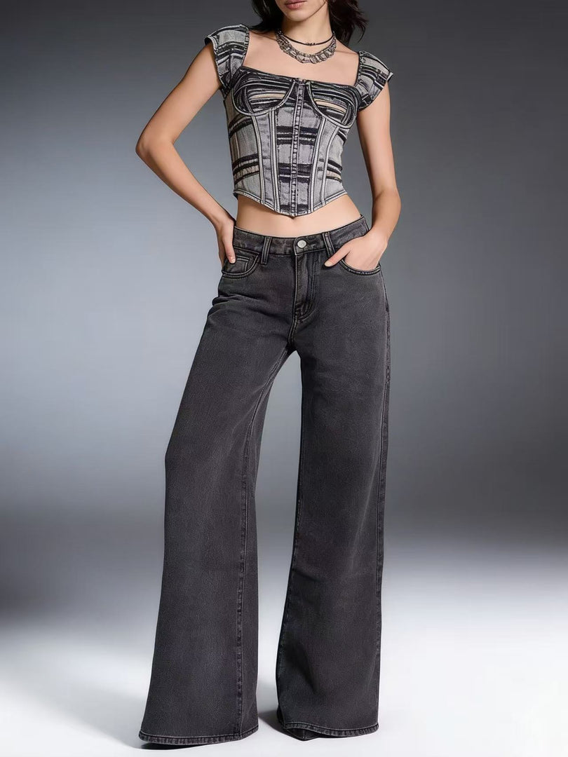 Relaxed Wide Leg Straight Fit Denim Jeans Women N6D162