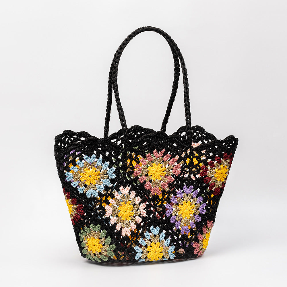 Hand Crochet Color Block Mesh Tote Beach Bag Women N6C302