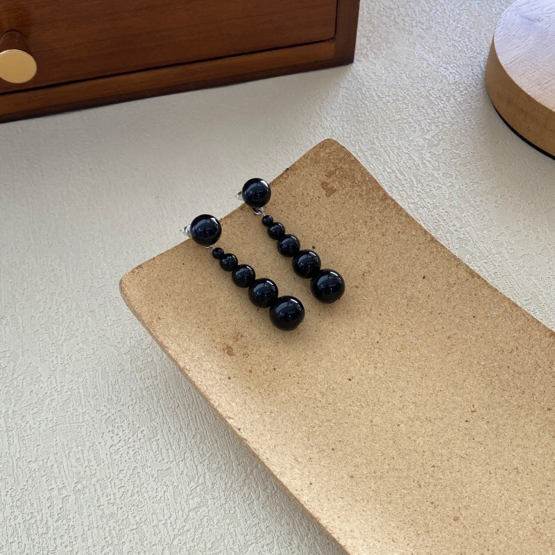 Black Agate Bead Long Earrings Women Niche Cool S5P922