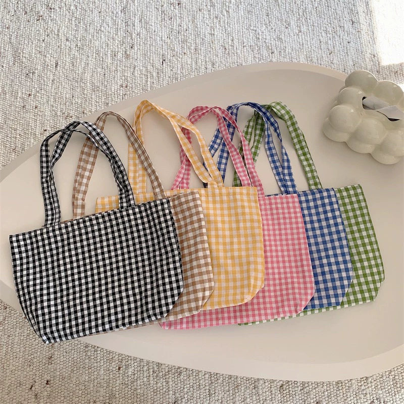 Grid Canvas Shoulder Bag Everyday Casual Tote N6F109