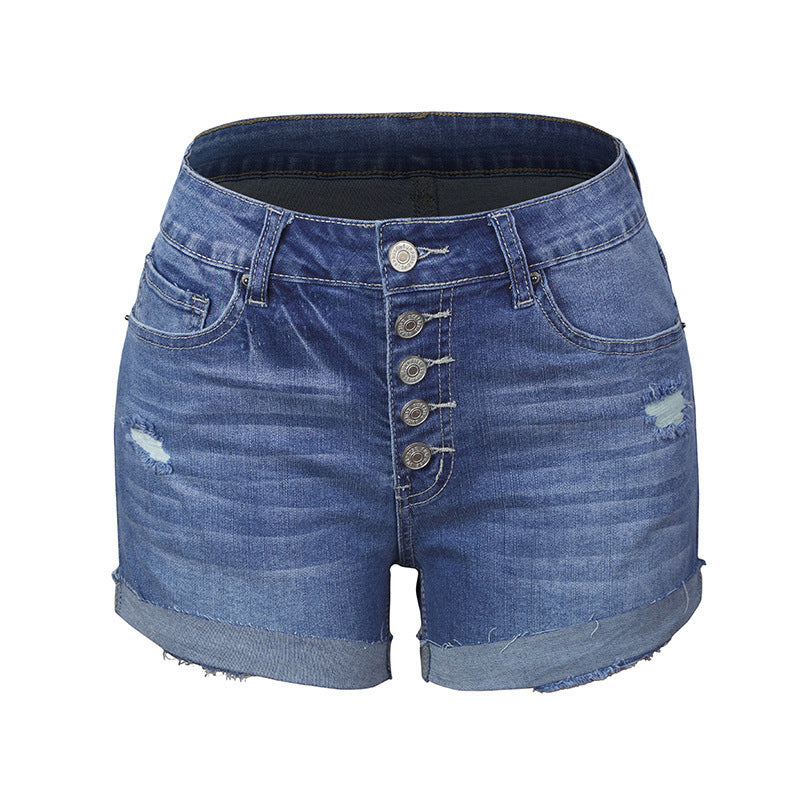 Distressed Rolled Hem Button-Fly Denim Shorts  N6C185