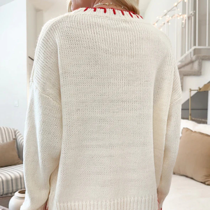 Bow Crew Sweater Mid Weight White Pink Navy N5Z876