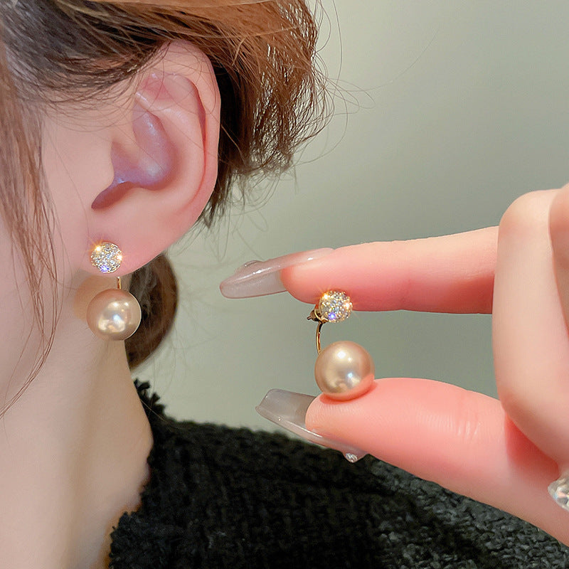 2-in-1 Zircon Faux Pearl Stud Earrings Real Gold Plated N6H156