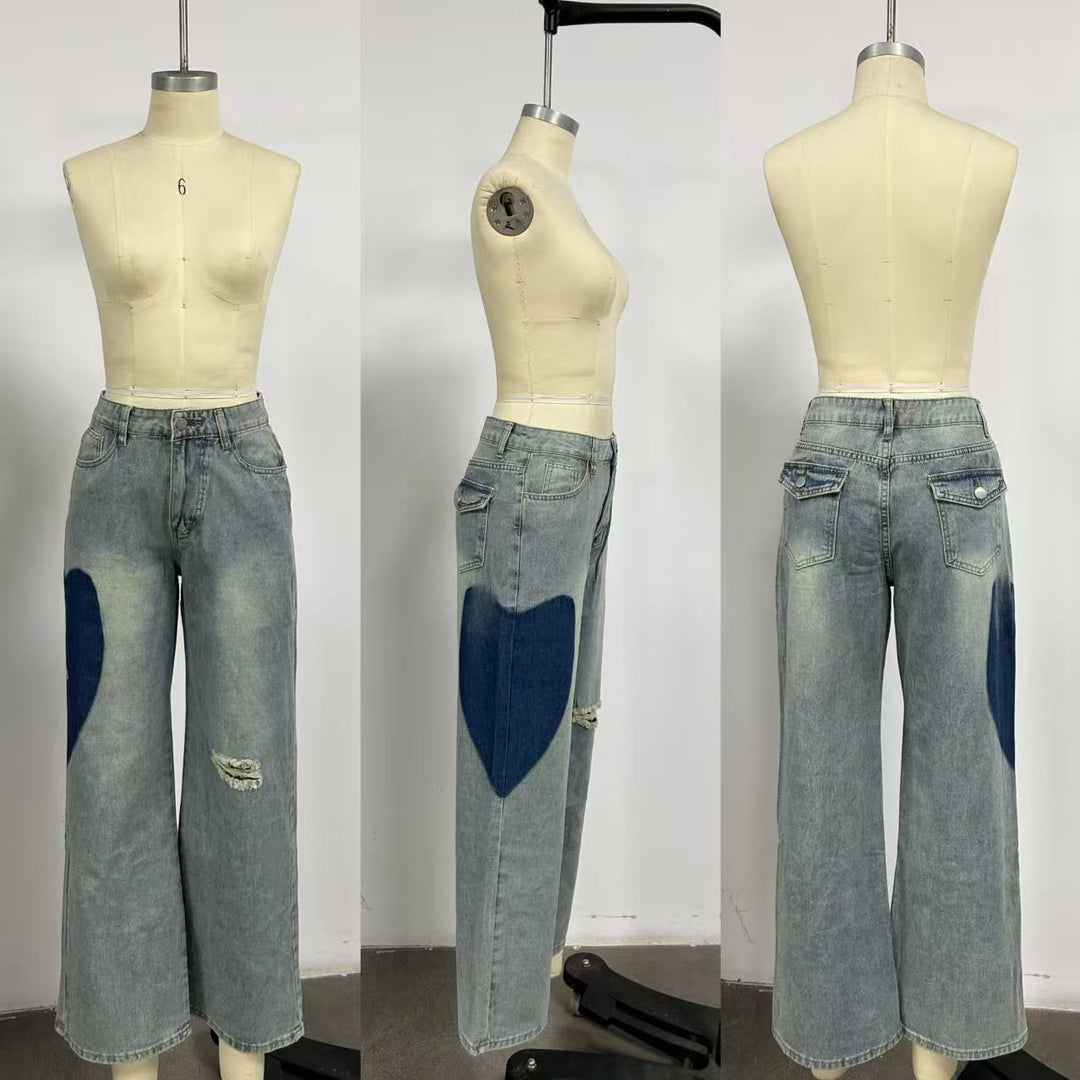 Patchwork Heart Detail Straight Leg Denim Jeans Women N6D163