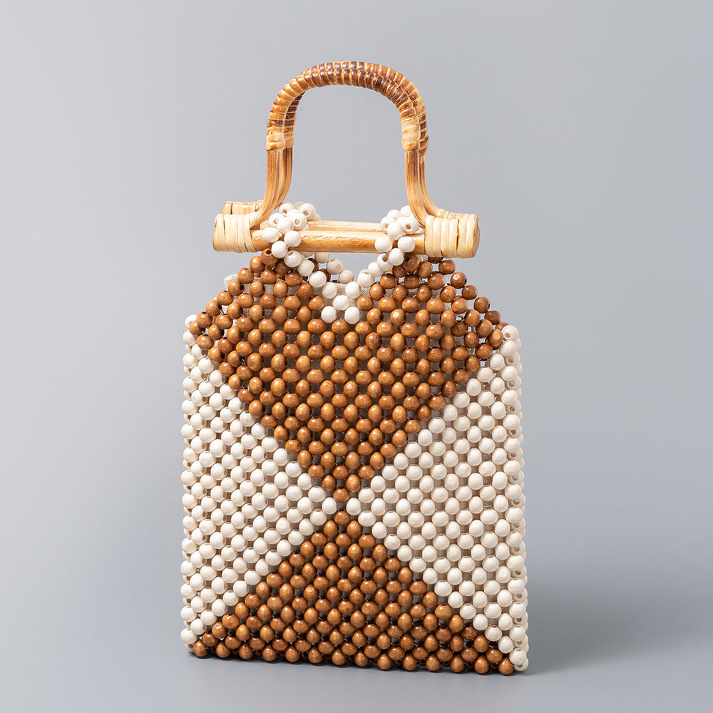 Color Block Wooden Bead Handwoven Tote Bag N6C308