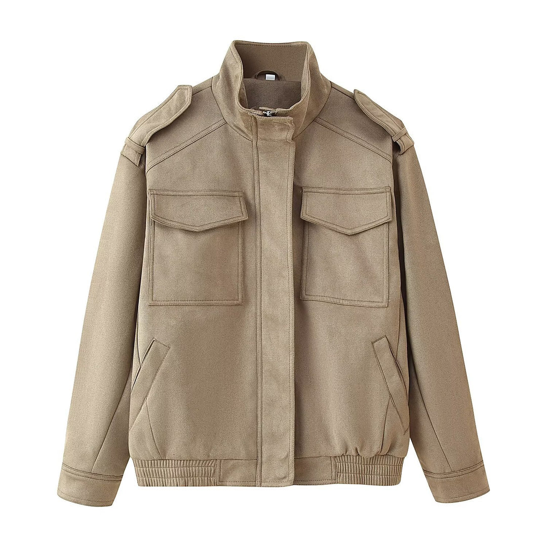 Street Style Stand Collar Jacket Women Khaki N5A415