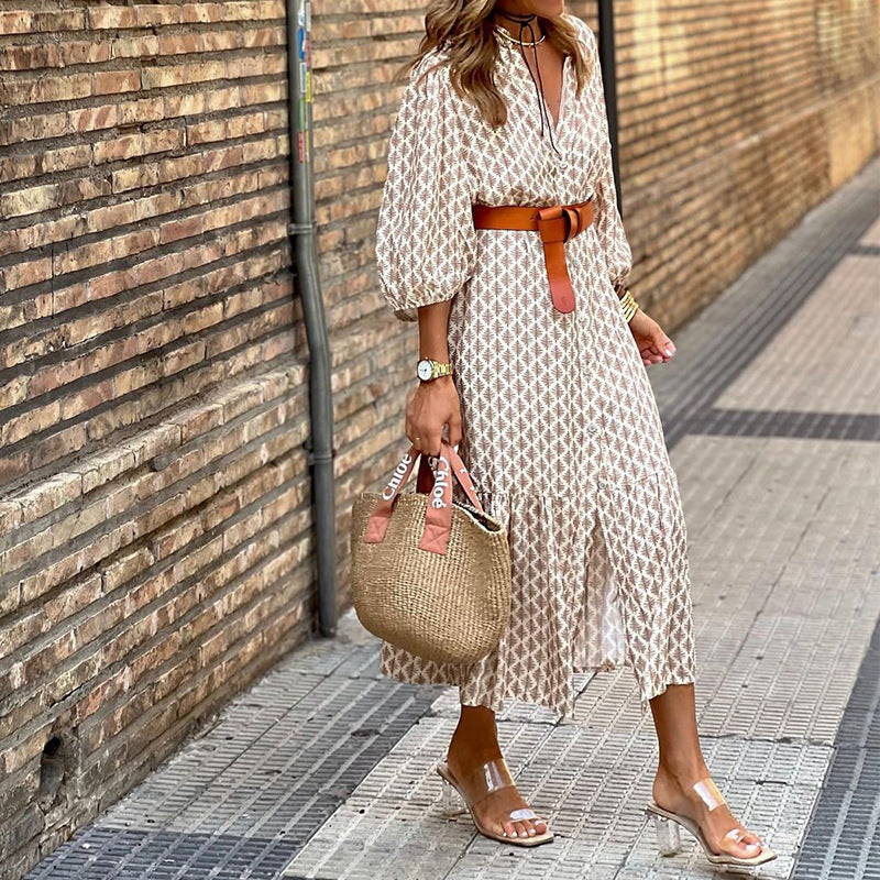 Belted V Neck Maxi Dress Minimalist N5Z176