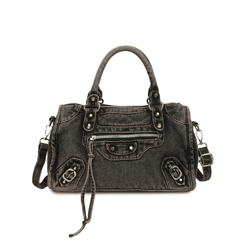 Women's Vintage Denim Studded Moto Tote Bag N6J198