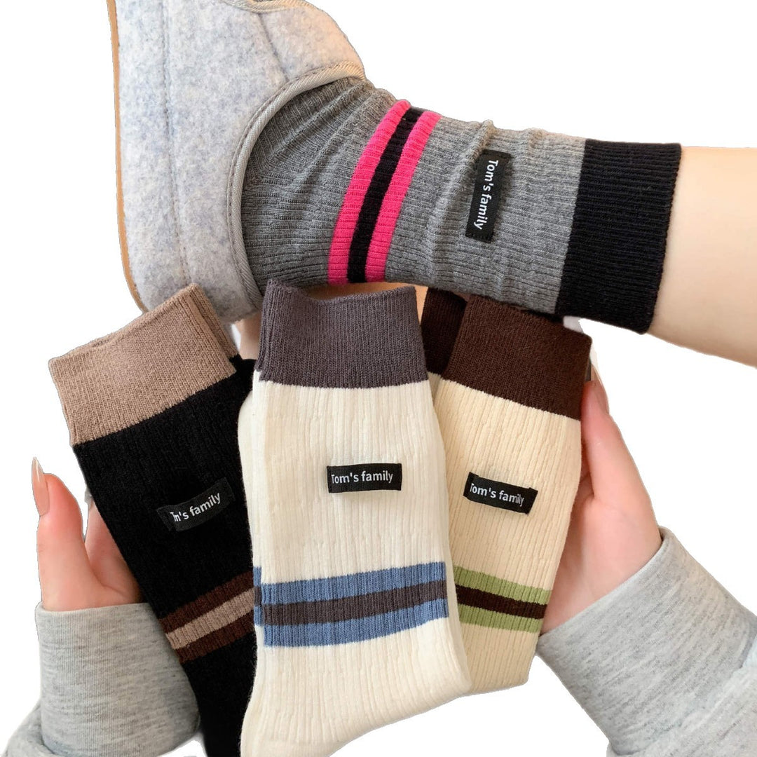 Contrast Label Double Knit Cotton Mid Calf Socks M5A042