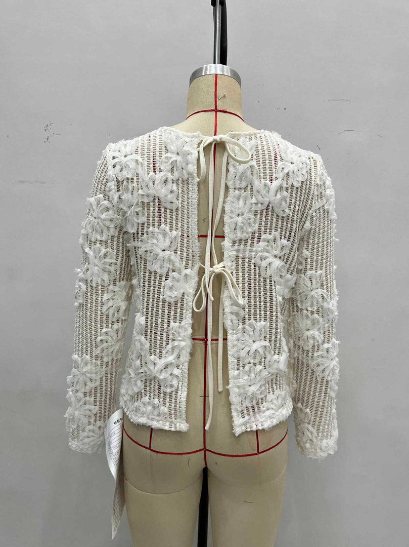 Lace Relief Knit Cardigan Back Cutout Tie N6F184