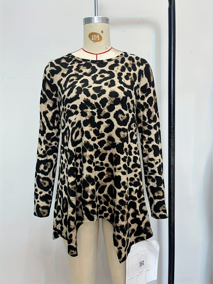 Leopard Print Knit Top Asymmetric Hem Loose Fit  N6G289