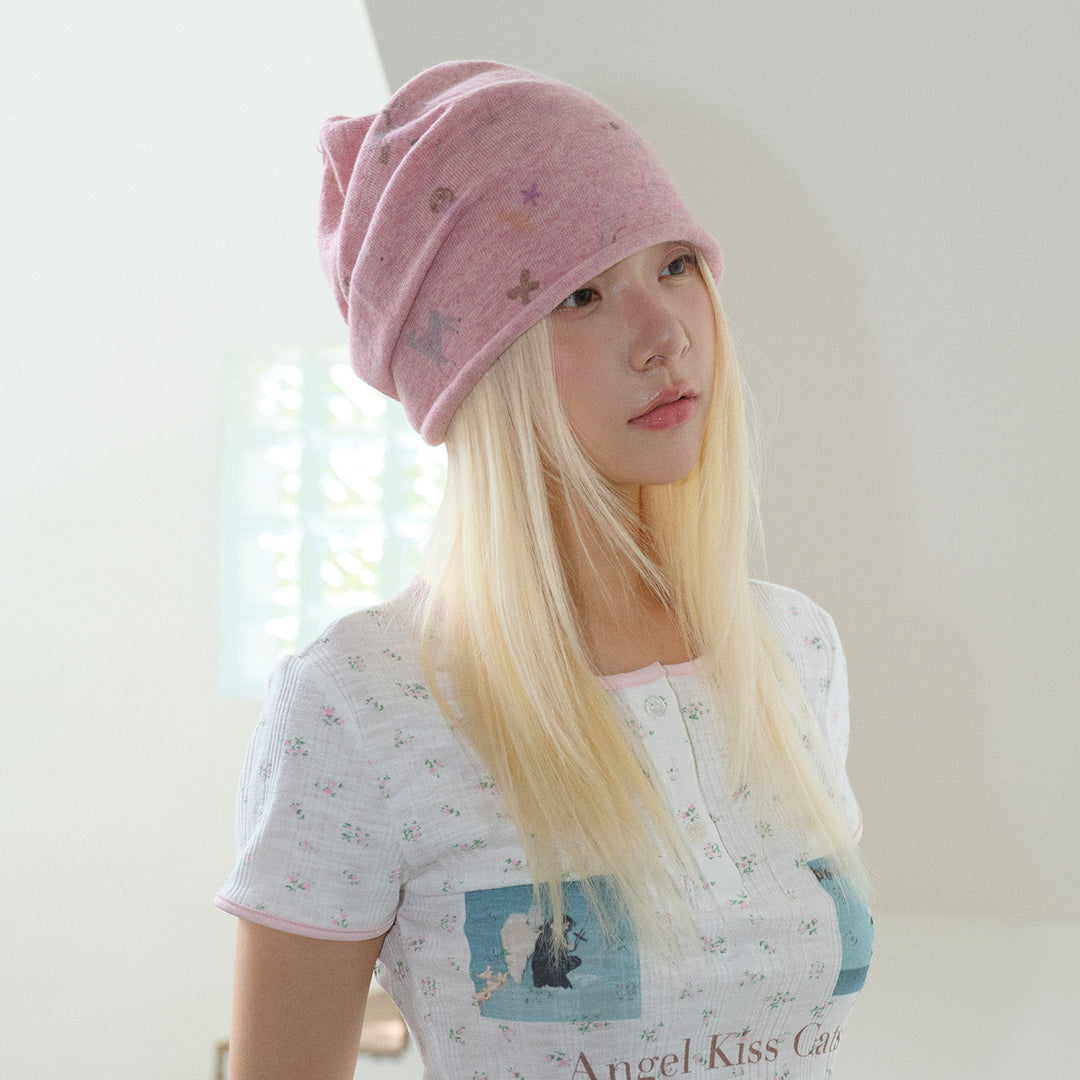 Women's Wool Rabbit Fur Blend Printed Slouchy Beanie N6J125