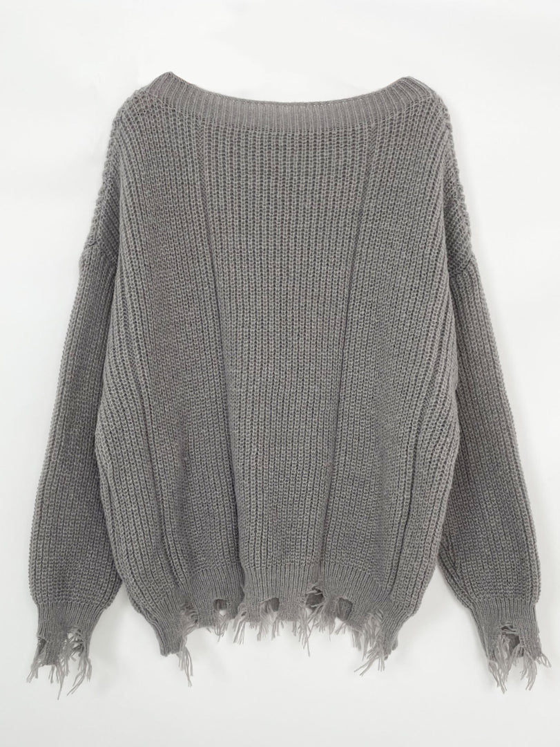 Solid Off-Shoulder Knit Pullover Distressed Edge N6G264