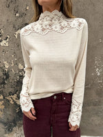 Load image into Gallery viewer, Mock Neck Lace Crochet Long Sleeve Tee Women N6G273