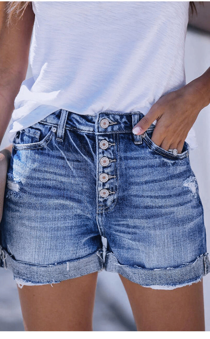 Distressed Rolled Hem Button-Fly Denim Shorts  N6C185