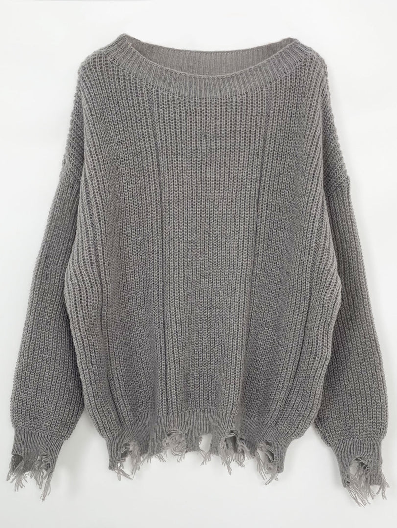 Solid Off-Shoulder Knit Pullover Distressed Edge N6G264
