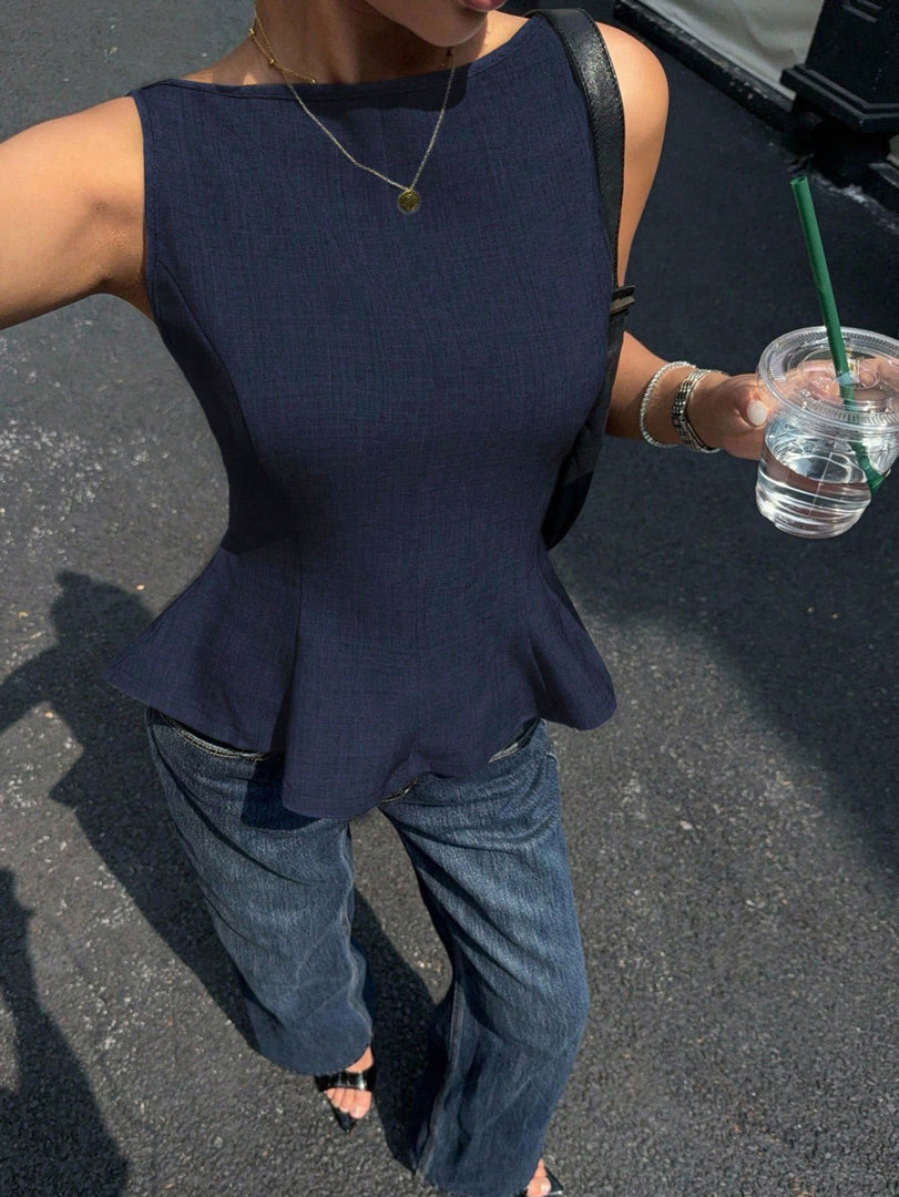 Sleeveless Tie-Waist Peplum Backless Blouse Women N6D081