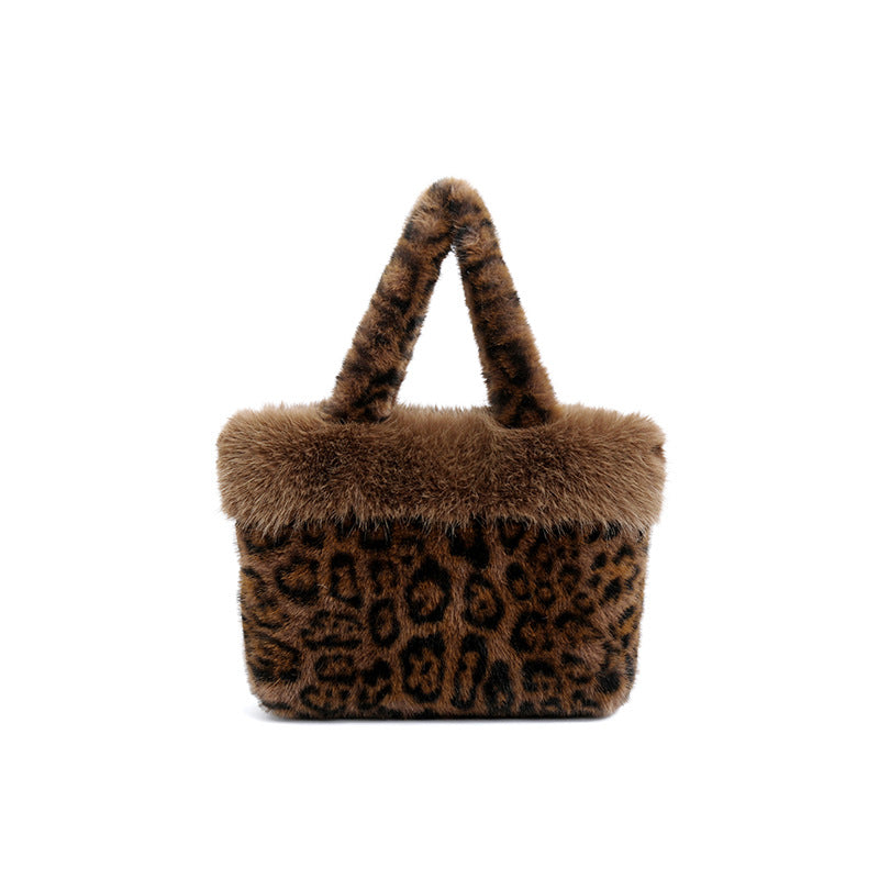 Women's Plush Leopard Print Bucket Handbag N6J174