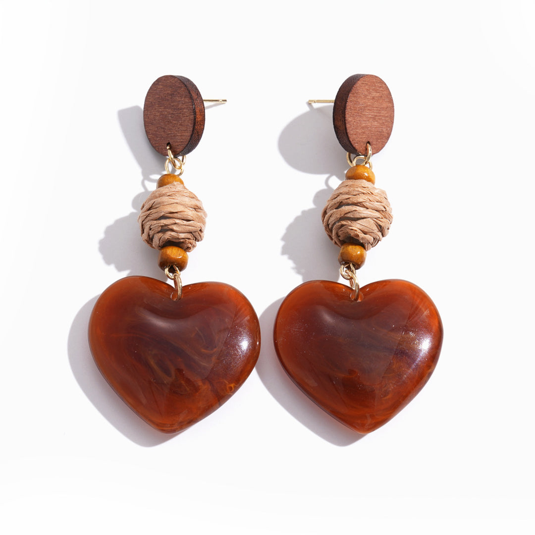 Womens Vintage Raffia Heart Resin Stud Earrings N6K171