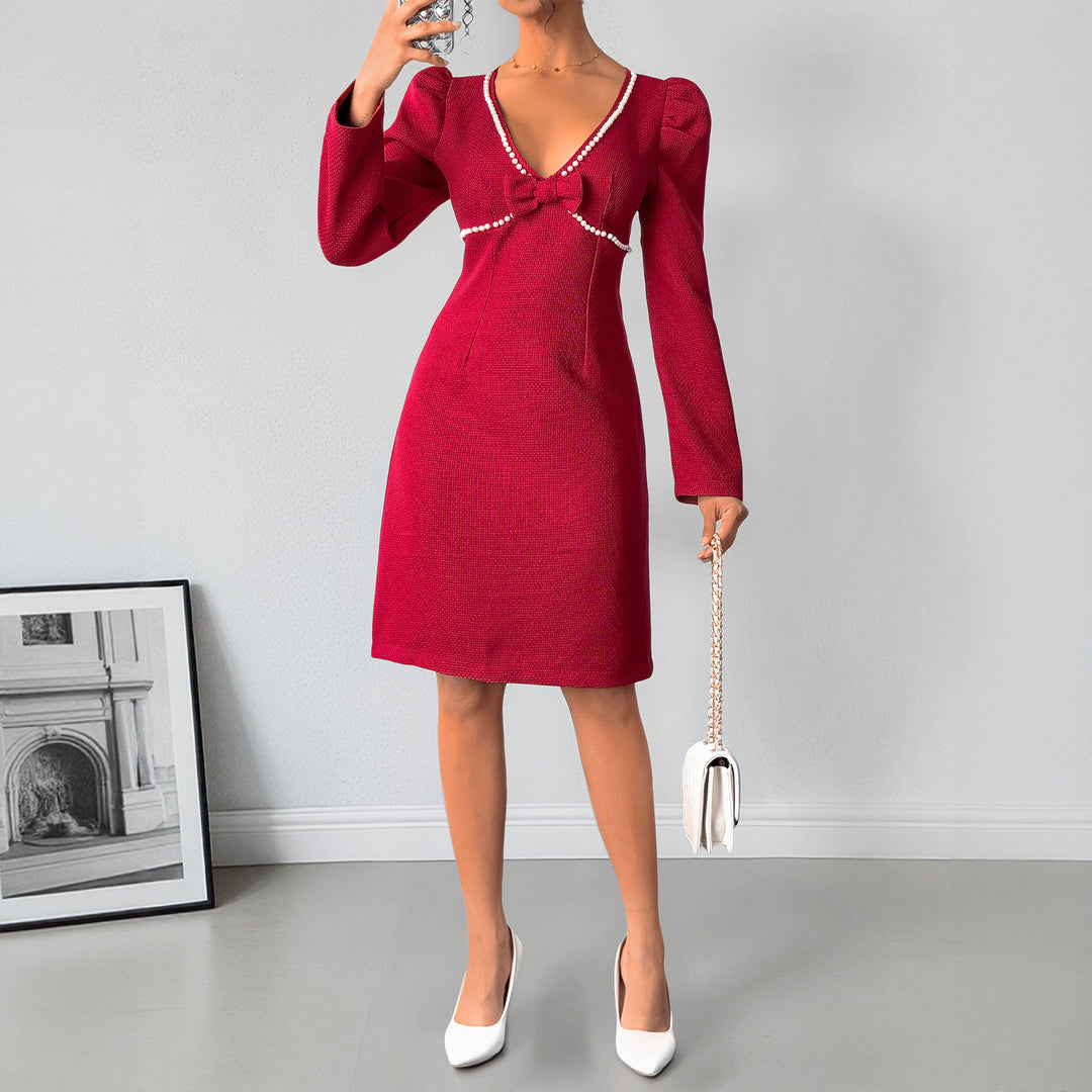 Deep V Neck Puffed Dress Pearl Accent High Waist Red N5Z469