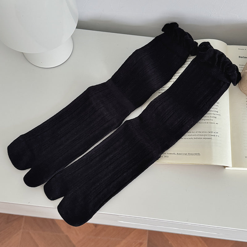 Lace Trim Hollow Mesh Mid-Calf Split Toe Stack Socks N6H025