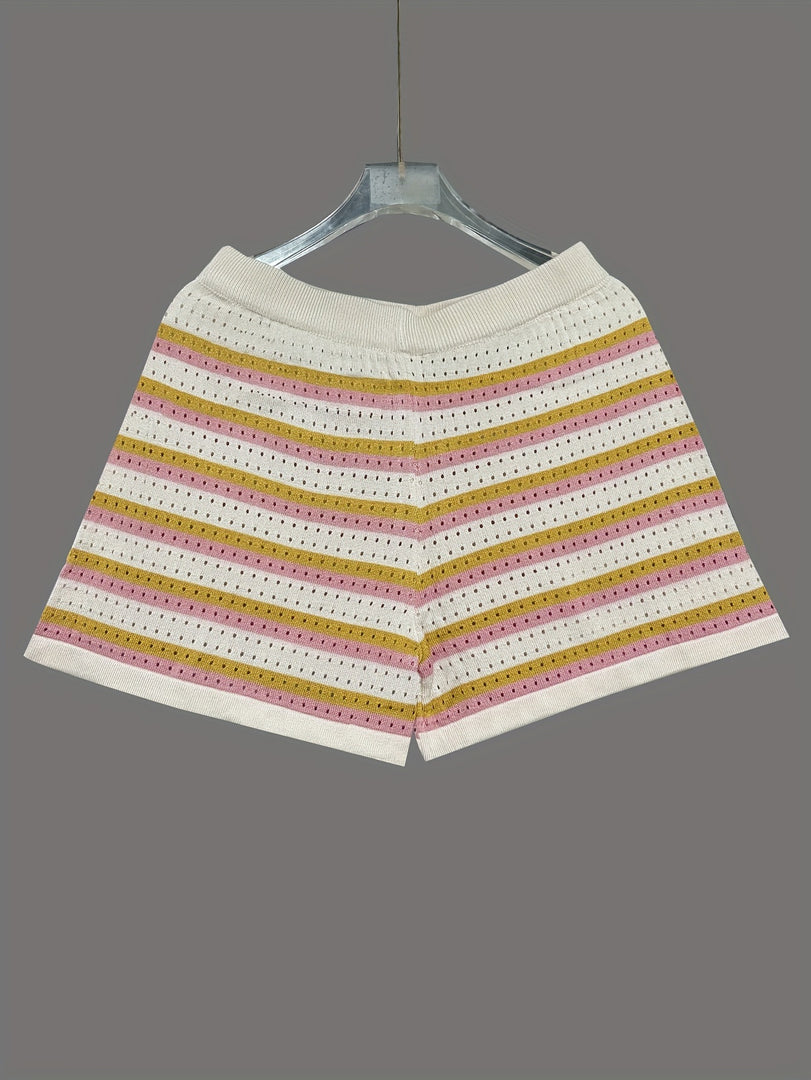 Knit Striped Lapel Short Sleeve Set Women N6D094