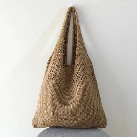 Women's Woven Cutout Knit Bucket Tote Bag N6J171