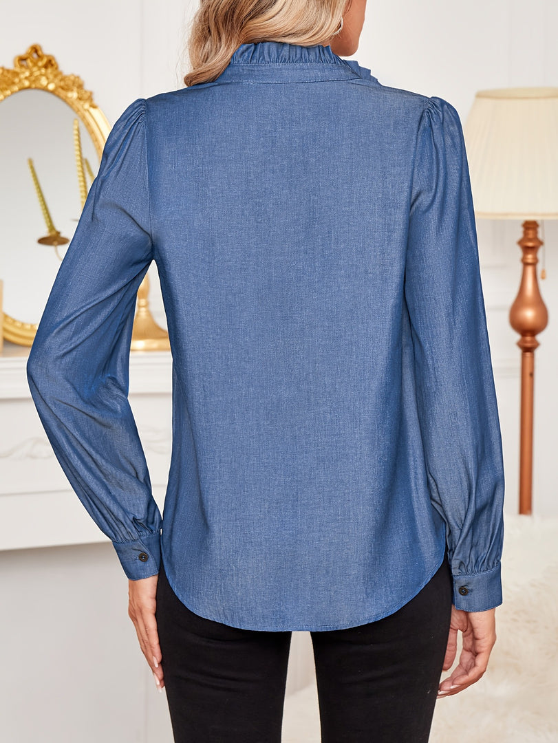 Denim Look French Vintage Ruffle Blouse Women N6C126