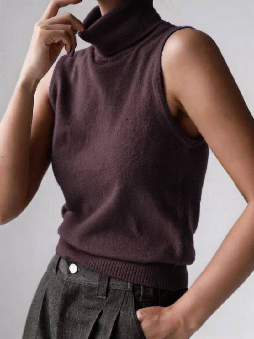 Knit Sleeveless Vest High Neck Tank Top Women Simple N6G132
