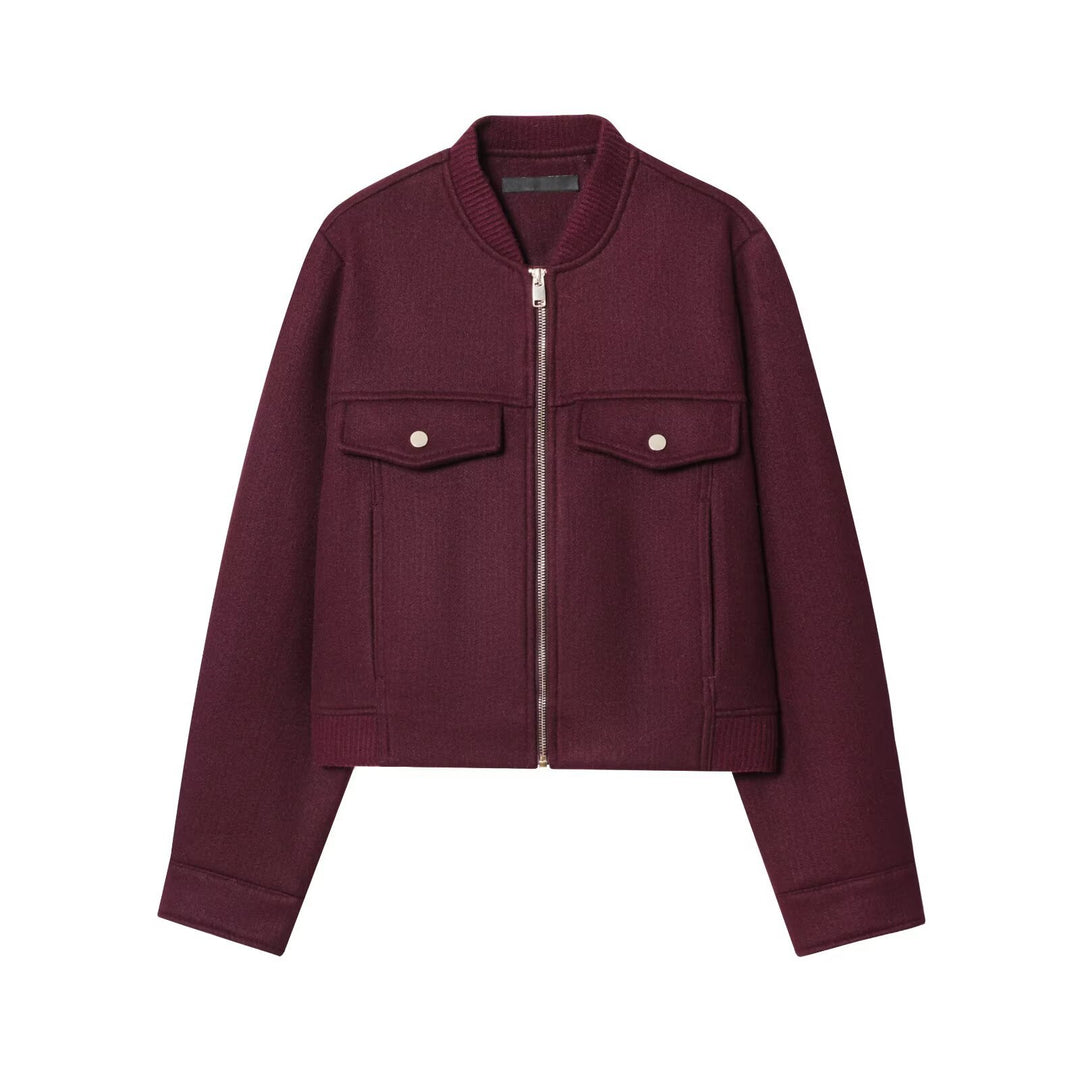 Round Neck Zip Soft Jacket Women Wine Red N5A403