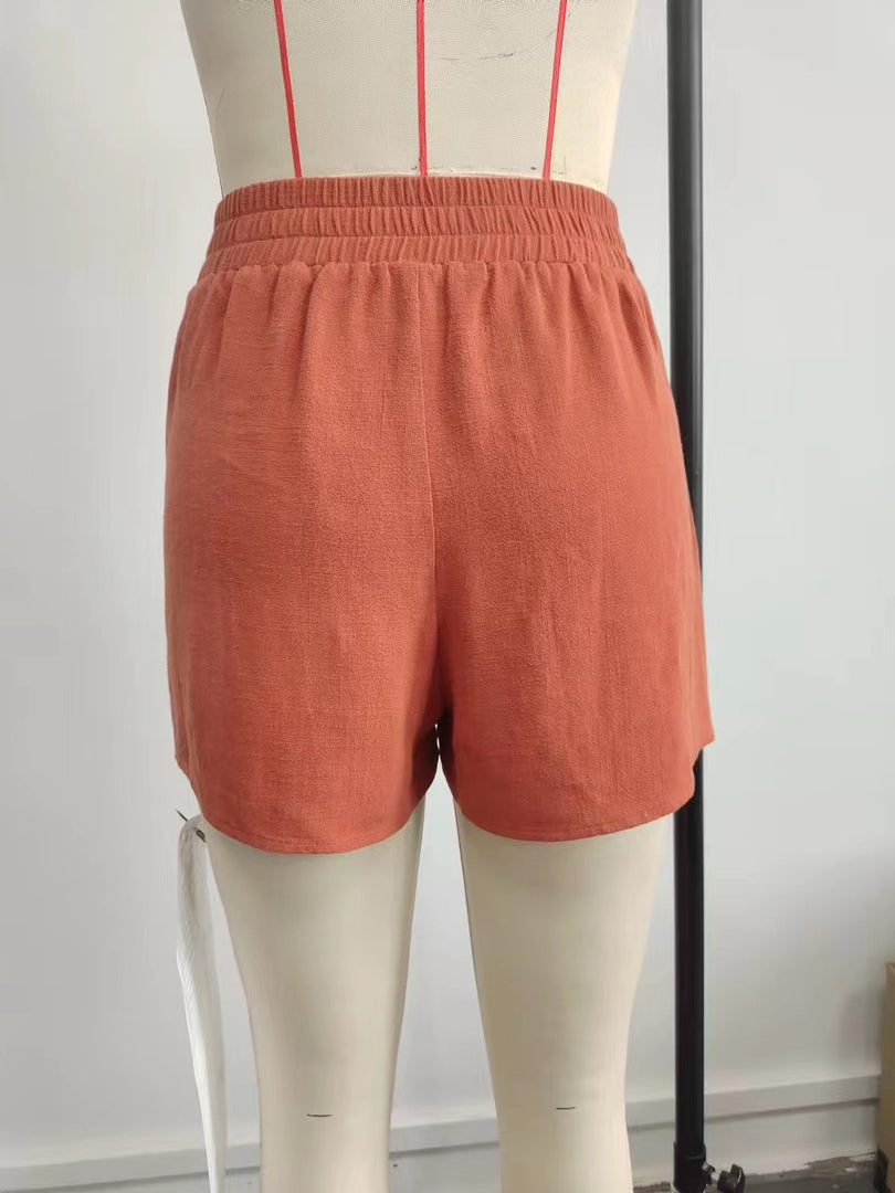 High Waist Casual Linen Shorts Women Dual Pocket N6F238